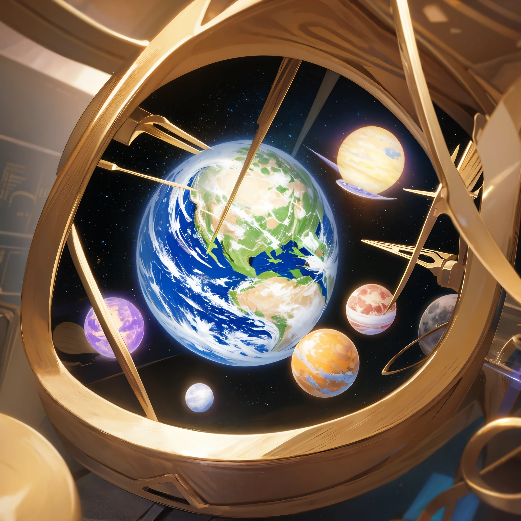 masterpiece, background illustration, anime, an earth-like planet colored in gold and silver, whole planet, Pencil drawing, without background