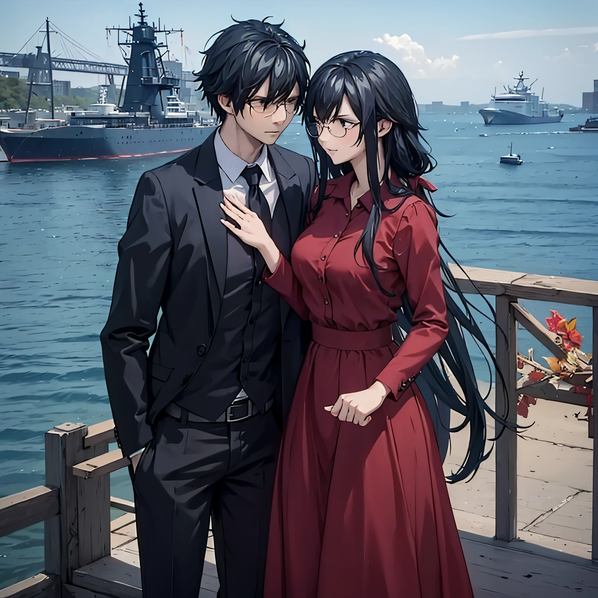 a man in black casual clothes holding the hand of a woman in a red dress in a naval port
