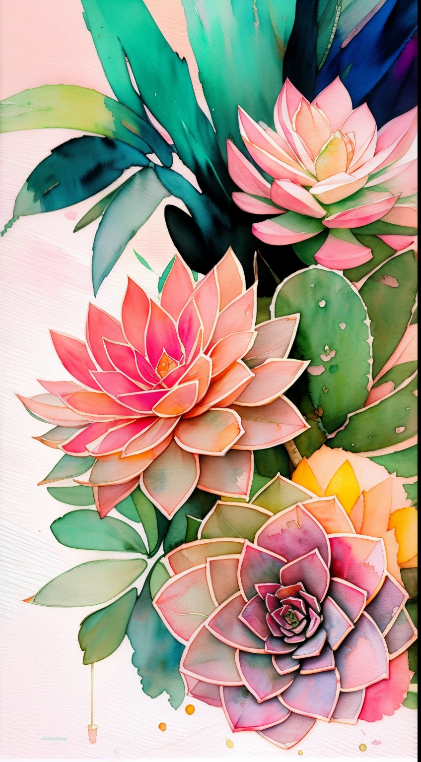 Style Wtrcolor, (pink) succulents, digital art, formal art, gone With the Wind, masterpiece, Beautiful, ((watercolor)), splashes of paint, Complex parts. Excellent detail, [drop:0.7], trending on ArtStation, Rachel Walker