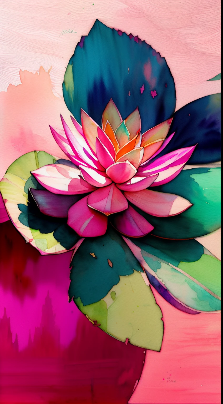 Style Wtrcolor, (pink) succulents, digital art, formal art, gone With the Wind, masterpiece, Beautiful, ((watercolor)), splashes of paint, Complex parts. Excellent detail, [drop:0.7], trending on ArtStation, Rachel Walker
