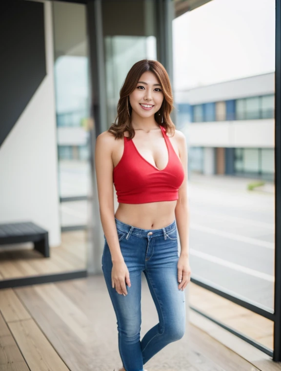 Arafed woman wearing a red top and jeans poses for a photo, red bra, red tank topを着ている, halter top, wearing sexy crop tops, slim girl model photo, wearing a crop top, low cut top, Close up half body shot, holder top, tight push up bra, red tank top, wearing a low-cut tank top