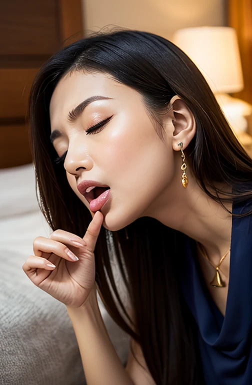 acrobatic pose:1.2、Profile looking down on the bed,The most beautiful female secretary in Japan、Open Mouth and Screaming、put your hand in front of your mouth:1.5、、fingers in grasping pose:1.3、blush:1.5、Profile 1.3、Troubled face 1.3、Climax expression 1.3、half closed eyes 1.3、blank gaze:1.3、pure white skin、dark brown long hairstyle、adult face、long face、high nose、tall:1.2、high definition eyes、brown eyes、（light makeup、thin lipstick、huge boobs:1.2)、thin eyebrows、thin necklace、small earrings、ticker, Super detailed、Depth of the bounds written、on the bed at night、hotel room at night、