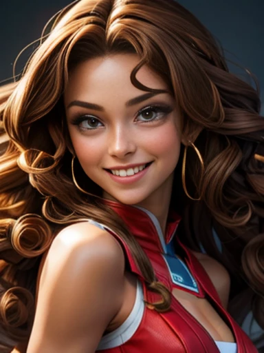 (( hero view)), ((hero view): 1.0), a woman, 30 years old, (feminine beauty), ((smiling)), happy expression, (( smiling): 1.0, ((Perfect Skin)), light tanned skin, ((Long curly hair, light brown hair): 1.4)