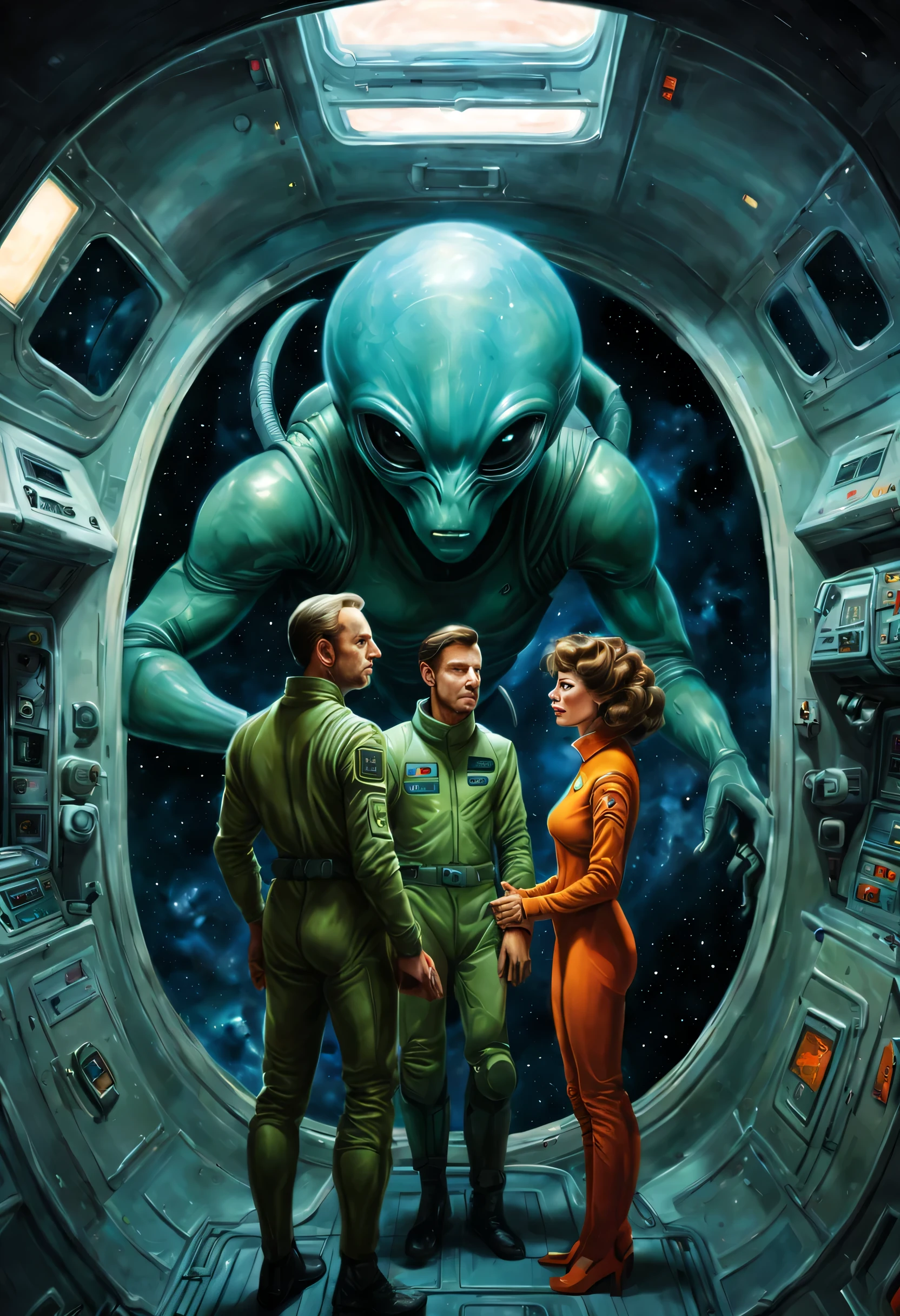 painting of a couple of alien men and a woman in a space station, retro sci - fi art, inspired by Kelly Freas, by Dave Arredondo, pulp scifi illustration, inspired by Jim Burns, alex gross, beeple and jeremiah ketner, sci-fi illustrations, sci - fi illustrations, frank kelly freas, by Alex Horley