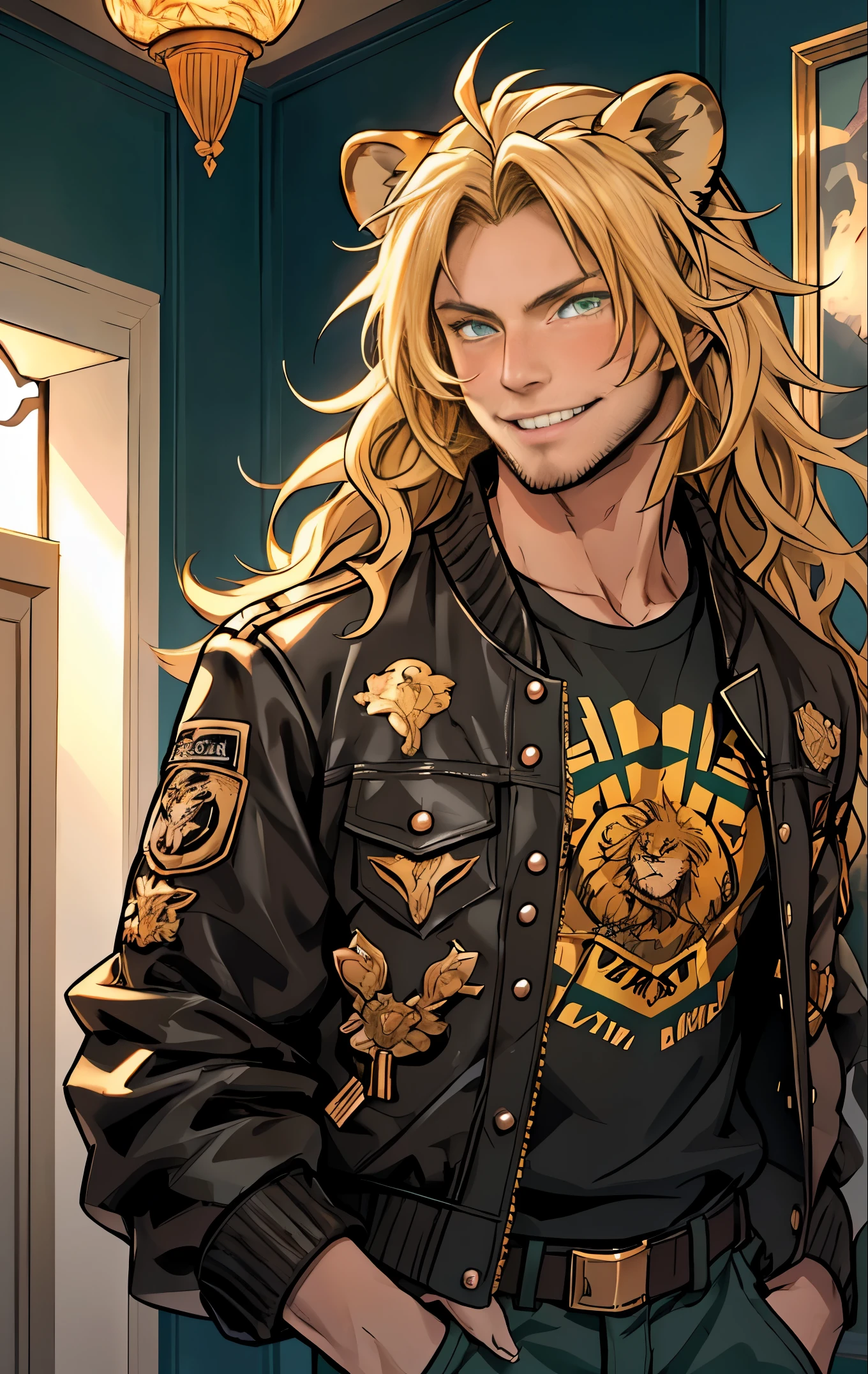 One male, lion ears, long hair, blond, blond hair, green eyes, tall, muscular, black bomber jacket, beautiful face, highest quality, masterpiece, 2d, anime, perfect face, highest detail, feline eyes, stubble, lion tail, wavy hair, cowboy shot, intricate details, room interior, solo, smile, blushing