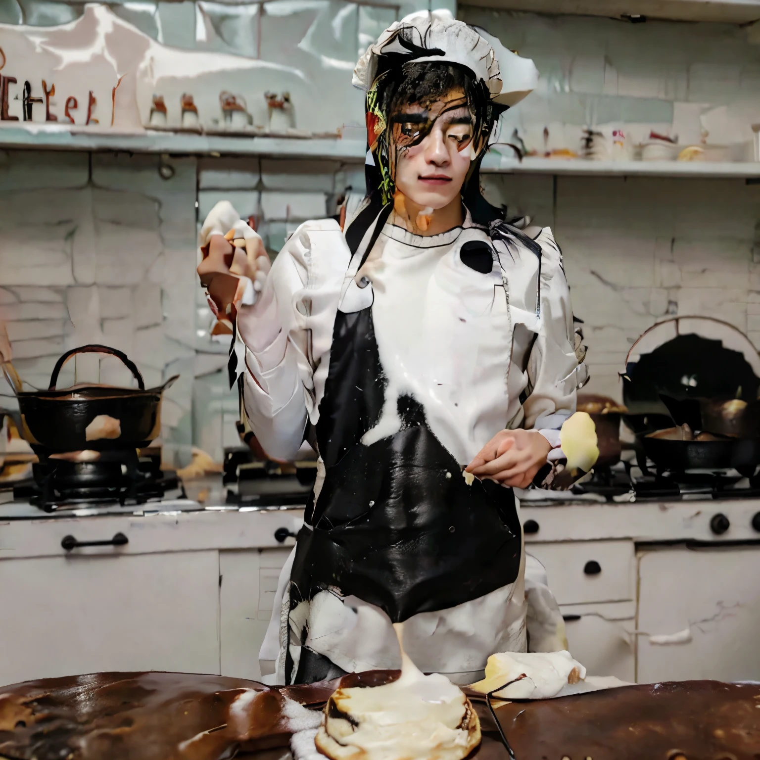 Korean boy with dark half slanted eyes and medium long black hair with a chef's hat on his head baking a cake in the kitchen 