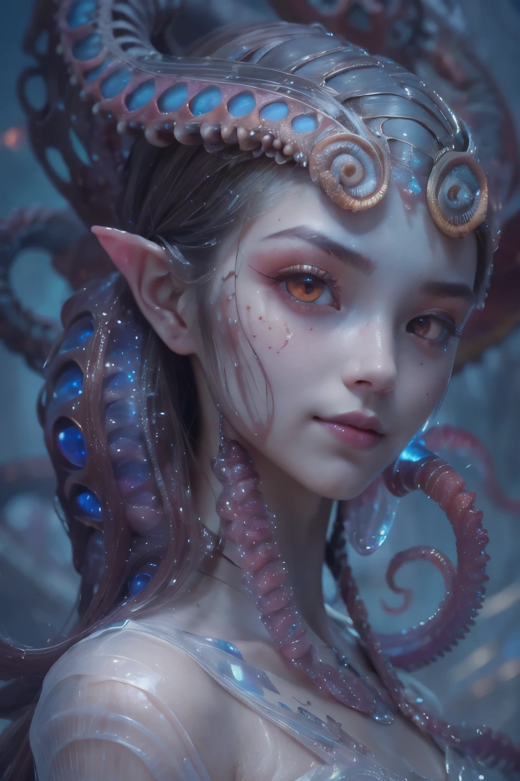 Portrait, (beautiful female alien:1.2), (she has red eyes with no pupils:1.8), (Translucent skin:1.7), (There is a female genital-like organ in the middle of the forehead:1.9), (The most beautiful face in the history of the universe:1.2),an evil gaze that seduces, (large mouth:1.1), (sharp teeth like a vampire:1.2), Full body portrait, (bio luminescent:1.5), (Smile wickedly:1.3), (sexypose:1.5), alien, No humans, cells are fused, (Lots of translucent tentacles:1.3) extraterrestrial, cell, bio image, best quality, 8K,In 4K_quality, High freshness, Dramatic Lighting, masutepiece:1.5,cinematic quality, detail up, (exquisite details:1.2), high resolution, High freshness, drawing faithfully, (Thick eyebrows:1.2), Beautiful eyes with fine symmetry,(Highly detailed face and eyes:1.2), Intimate face, (Super detailed skin quality feeling:1.4), perfect anatomy, (Beautiful toned body:1.5), (Moist skin:1.2), not wearing makeup, (dark circles:1.1), long canines, cinematic drawing of characters, ultra high quality model, cinematic quality, detail up, (exquisite details:1.2), high resolution, High freshness, drawing faithfully, official art, Unity 8K Wall , 8K Portrait, best quality, Very high resolution, ultra detailed artistic photography, midnight aura, unreal enginee 5, Ultra Sharp Focus, art by alberto seveso, ArtGerm, Roisch, intricate artwork, best quality, masutepiece, ultra high resolution, (photos realistic:1.4), ultra realistic realism, dream-like, nautilus, Creation of fantasy, Snail, Dream Snail, (biopunk nautilus:1.3), Thrilling color schemes,ultra realistic realism, seductively smiling, Blue tentacles,