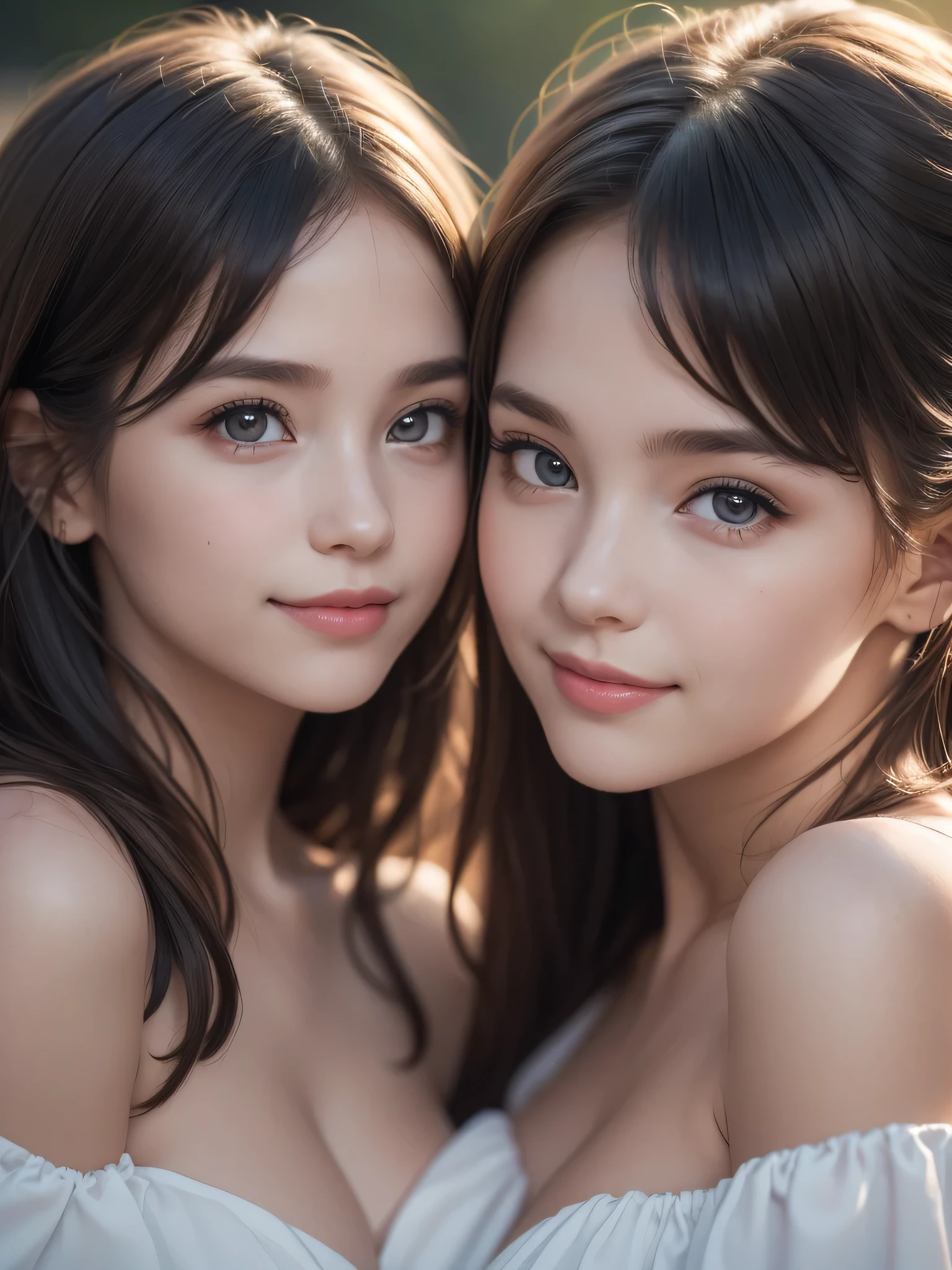 (2young girls:1.3), (Ultra realistic, high res), (highly detailed eyes, highly detailed hair, highly detailed face, highly detailed plump lips), naked, (off shoulder), breasts, upper body, caute smile, (best quality:1.4), Raw photo, (realistic, photo-realistic:1.37), professional photography, cinematic light, (fine face: 1.2),