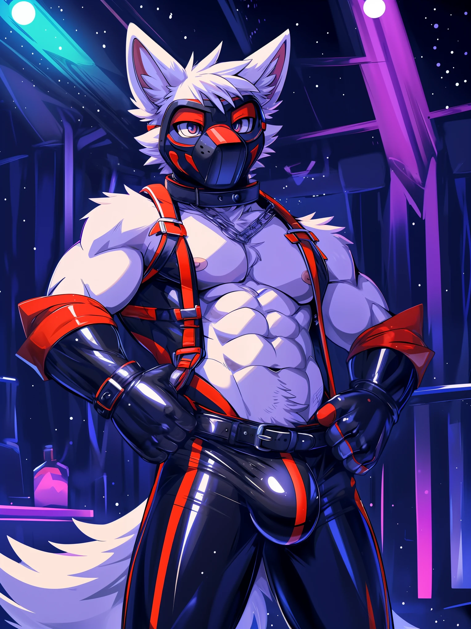 perfect anatomy, furry, male, (wolf,) kemono, 1boy, model, multicolored fur, (detailed eyes), portrait, ((wink)), perfect anatomy, by takemoto arashi, shota, boy, cute, small body, night club background, detailed background, (big long fluffy tail, 1tail), white wolf, white fur, white body, latex outfit, (lock bulge, lock symbol), latex, rubber, tight clothing, collar, shackles, ((latex mittens, pup hood, puppyplay, pup mask)),