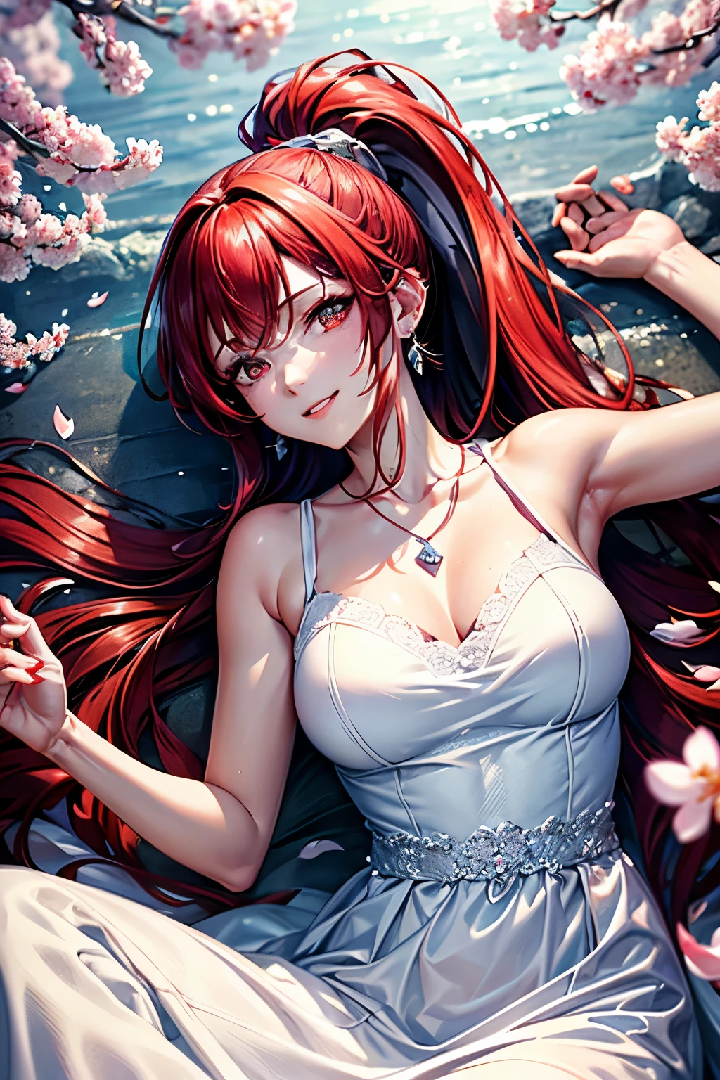 1 Women, 28 years old, jewelry, triangle earring, dog tags, red hair, ponytail, red eyes with slit pupils, master-piece, best quality, proportional body, proportional, Wedding Dresses, White Wedding Dress, Long skirt, wedding, Under the cherry blossom tree background, Cherry blossom petals are falling, lying down, outdoor, wedding, Upper body, The sky is beautiful, Both hands hold a bouquet of flowers, (light_Smile:1.2),