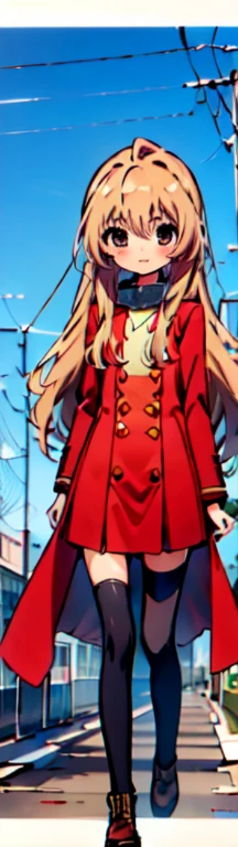 masterpiece,disorganized,最high quality,high quality,1 girl,Taiga Aisaka,red long coat，white mini skirt,brown short boots,Thighhighs,back,turning around,Close ~ eyes，open your mouth，smile,In town(flat chest:1.1) ),