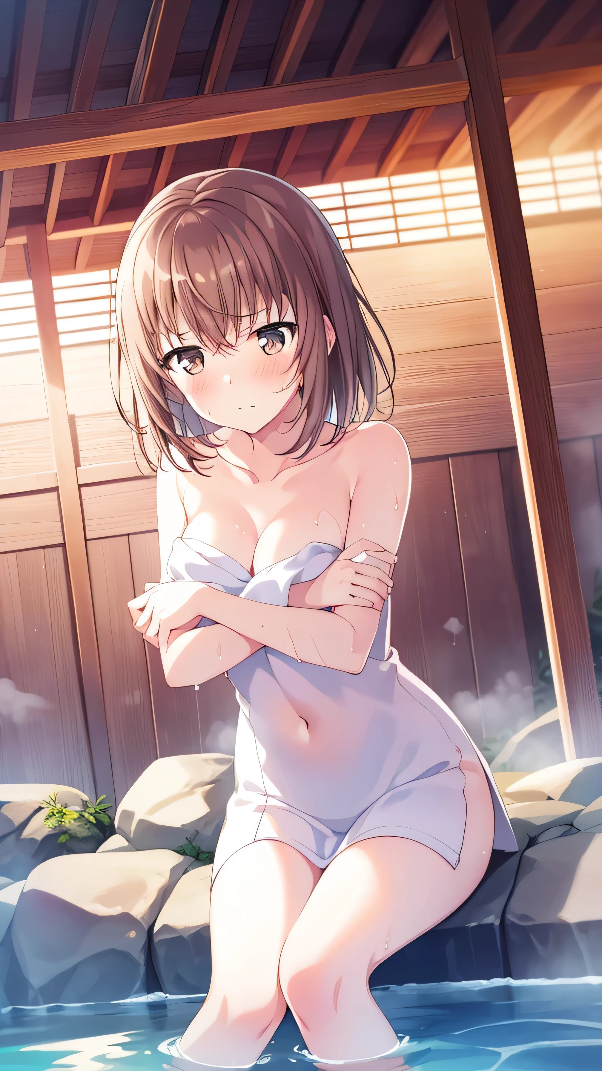 1 girl, alone, breast, navel, Brown_hair, sitting, blush, short_hair, cover, nude, watching_leave, arrivewel, cover_breast, hot spring, Bangs, Awkward, closure_Mouth, clavicle, Brown_Eye, soak_foot, water, watching_arrive_this_side, outdoor, Moderate_breast, kaarriveu_benefit, split, fence, cross_arms, Complete land_nude, steam, 