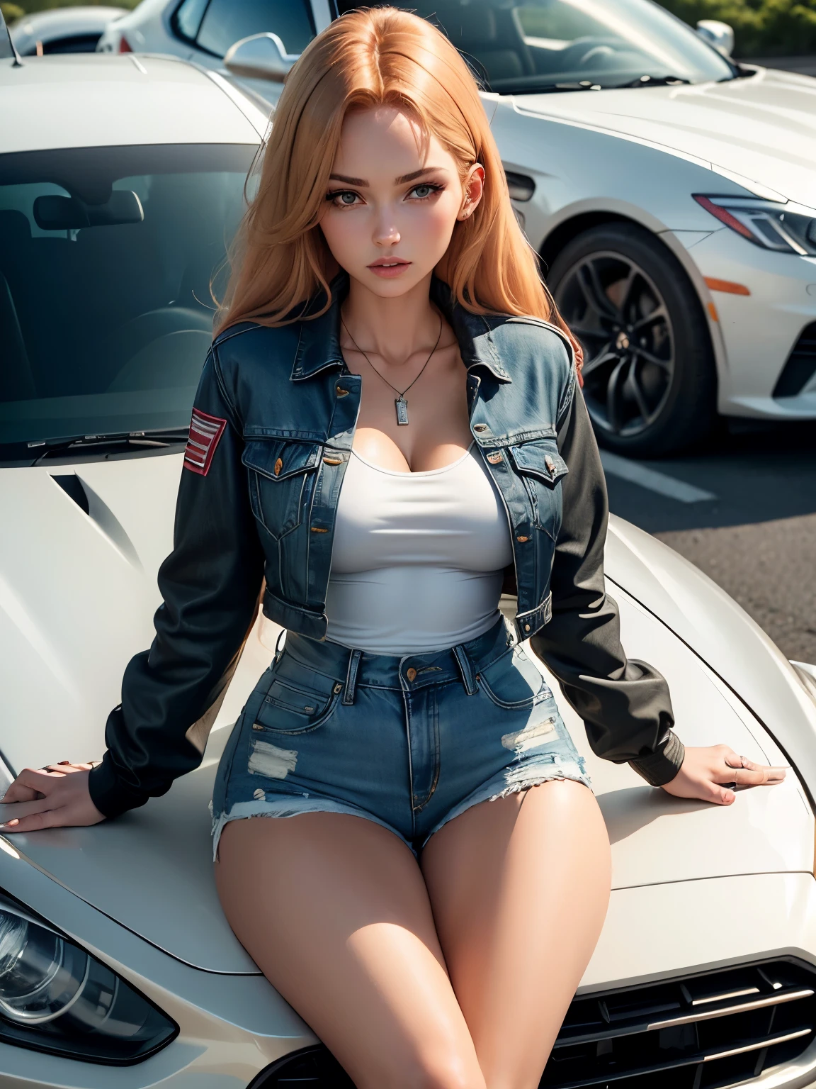 (Female: 1.2), (slim figure), (5 thumg breasts: 1.2), small cleavage, (light strawberry blonde hair color), (brown eyeullet head), (black denim jacket, white shirt, black denim shorts), (ring finger diamond rinid-heeled shoeracelet), masterpiece, realism, sitting on the hood of car, red sports car, full car visible, 1girl, 1car,