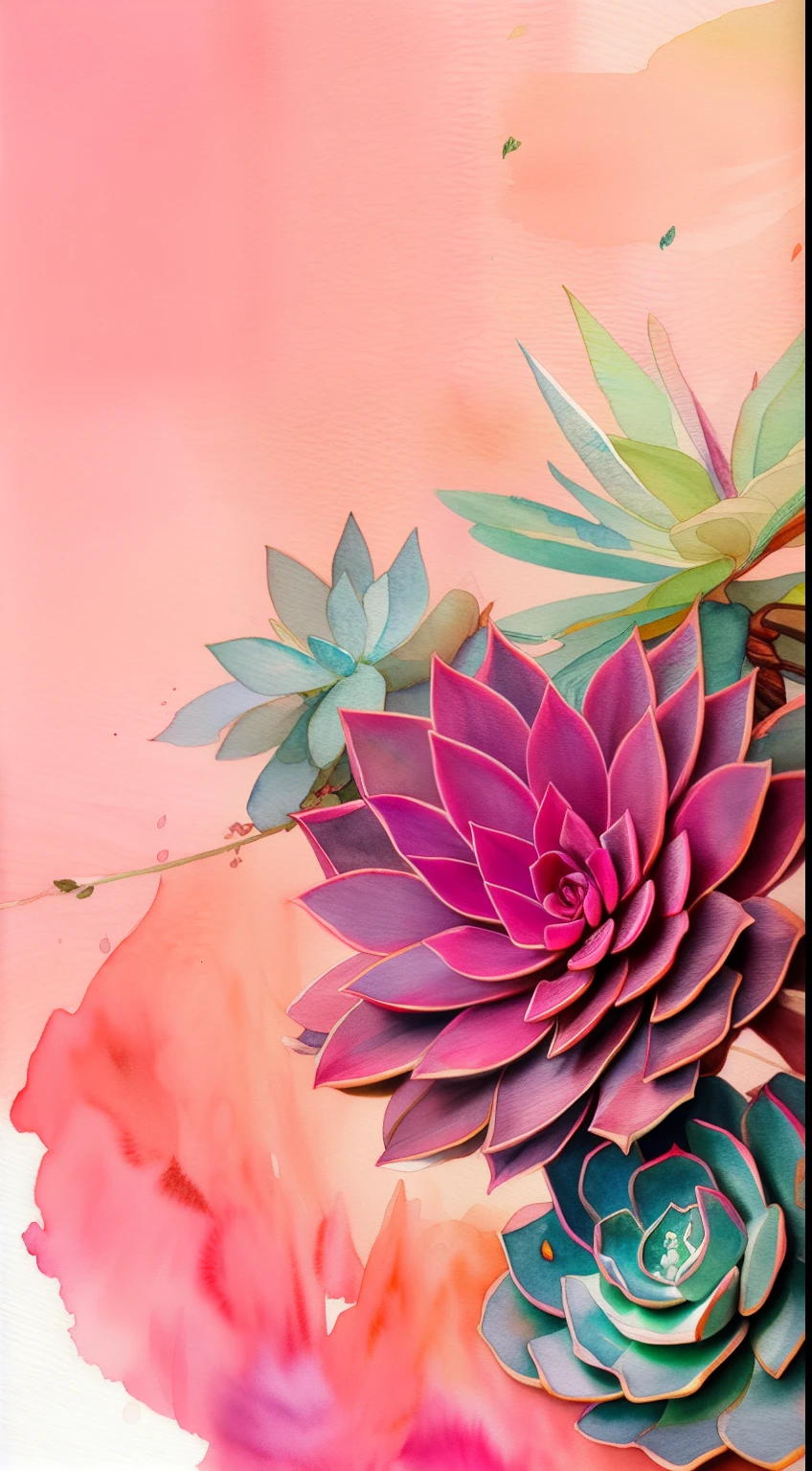Style Wtrcolor, (pink) succulents, digital art, formal art, gone With the Wind, masterpiece, Beautiful, ((watercolor)), splashes of paint, Complex parts. Excellent detail, [drop:0.7], trending on ArtStation, Rachel Walker