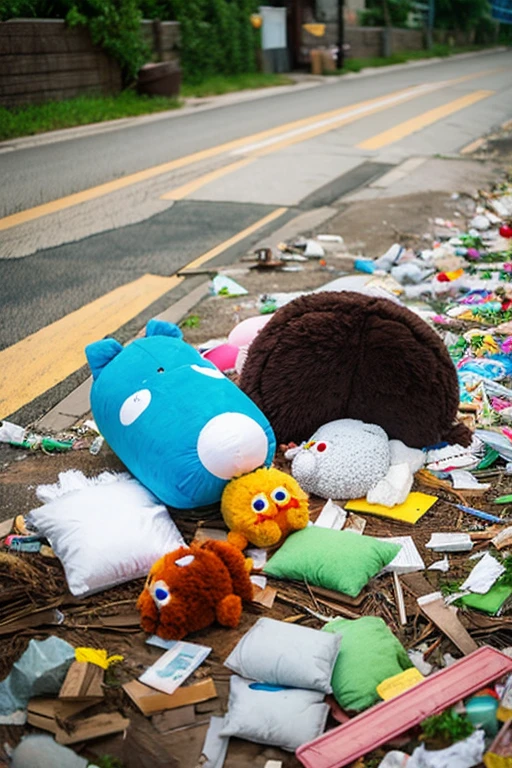 stuffed toy Garbage dump being abandoned Make it in Ghibli style