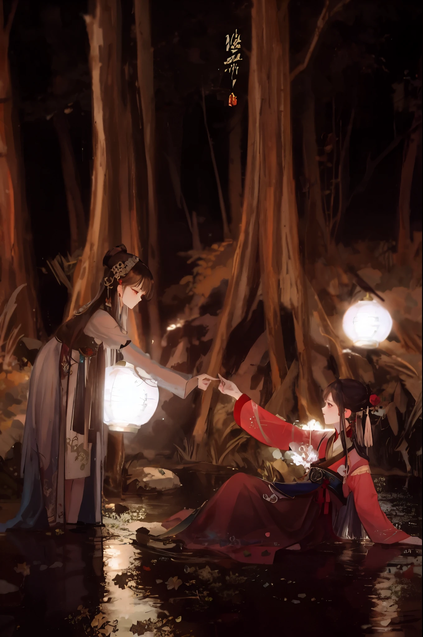 a woman in a red dress holding a lantern in a river, inspired by Tang Yin, inspired by Chen Yifei, hanfu, the moonlit dance of the fae, inspired by Lu Zhi, dreamy atmosphere and drama, still from a fantasy movie, ritual in a forest, inspired by Fu Baoshi, inspired by Jin Nong, inspired by Li Di