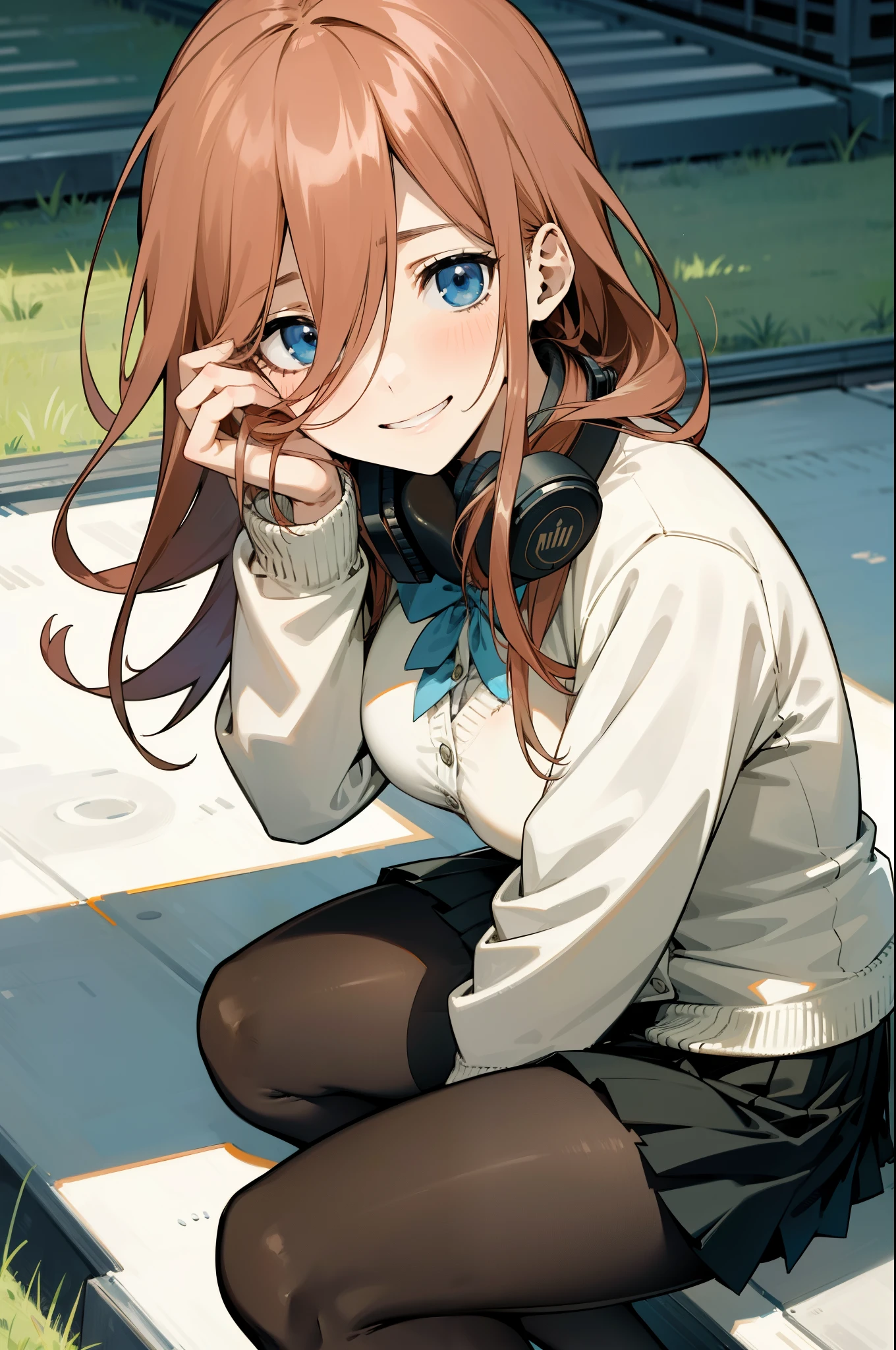 (masterpiece), best quality, expressive eyes, perfect face, highres, 1 girl, solo, miku nakano, long hair, bangs, blue eyes, brown hair, shirt, hair between eyes, headphones, cardigan, headphones around neck, skirt, shirt, long sleeves, white shirt, pantyhose, pleated skirt, black pantyhose, cardigan, green skirt, blue cardigan, outdoor, schoolyard, smiling, sitting on floor, portrait, looking at the viewer,
