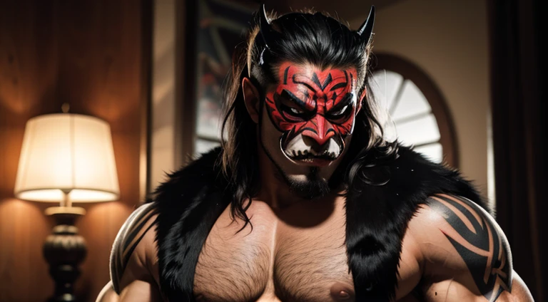 muscular vampire mexican wrestler with bat mask, tattoos