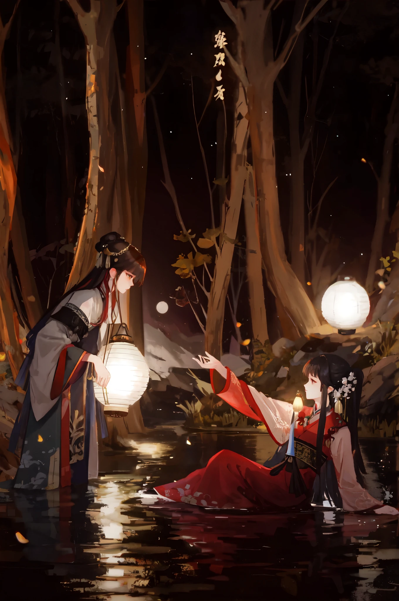 a woman in a red dress  holding a lantern in a river, inspired by Tang Yin, inspired by Chen Yifei, hanfu, the moonlit dance of the fae, inspired by Lu Zhi, dreamy atmosphere and drama, still from a fantasy movie, ritual in a forest, inspired by Fu Baoshi, inspired by Jin Nong, inspired by Li Di