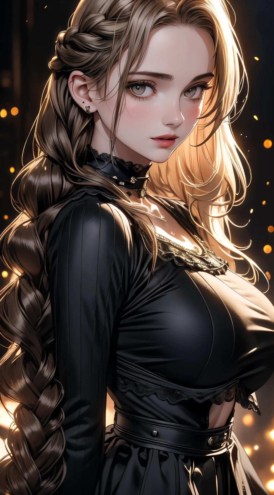 (RAW photo, best quality), ((Nostalgia,1I80s syle)),(A girl with a literary atmosphere:1.2),(realistic, photo-realistic:1.3), (((Huge Boobs:1.3))), (long wavy hair with braids), choker,very pale skin,Ultra Detailed Face, Detailed Lips, black lipstick, Fine Eyes, double eyelids, tight goth clothes, extremely delicate and beautiful, Amazing, finely detail, masterpiece, ultra-detailed, highres,best illustration, best shadow,intricate,depth of field,(closeup portrait of a young beautiful woman:1.2),long hair,messy hair,((((low key,dark scene,dimly lit)))),(((soft lighting:1.4))),(pale skin:1.4),(shy smile),(cinematic angle),sharp focus, volumetric fog, 8k UHD, DSLR, high quality,( film grain:1.4), Fujifilm XT3,(looking at viewer), pale skin, ((closeup portrait))