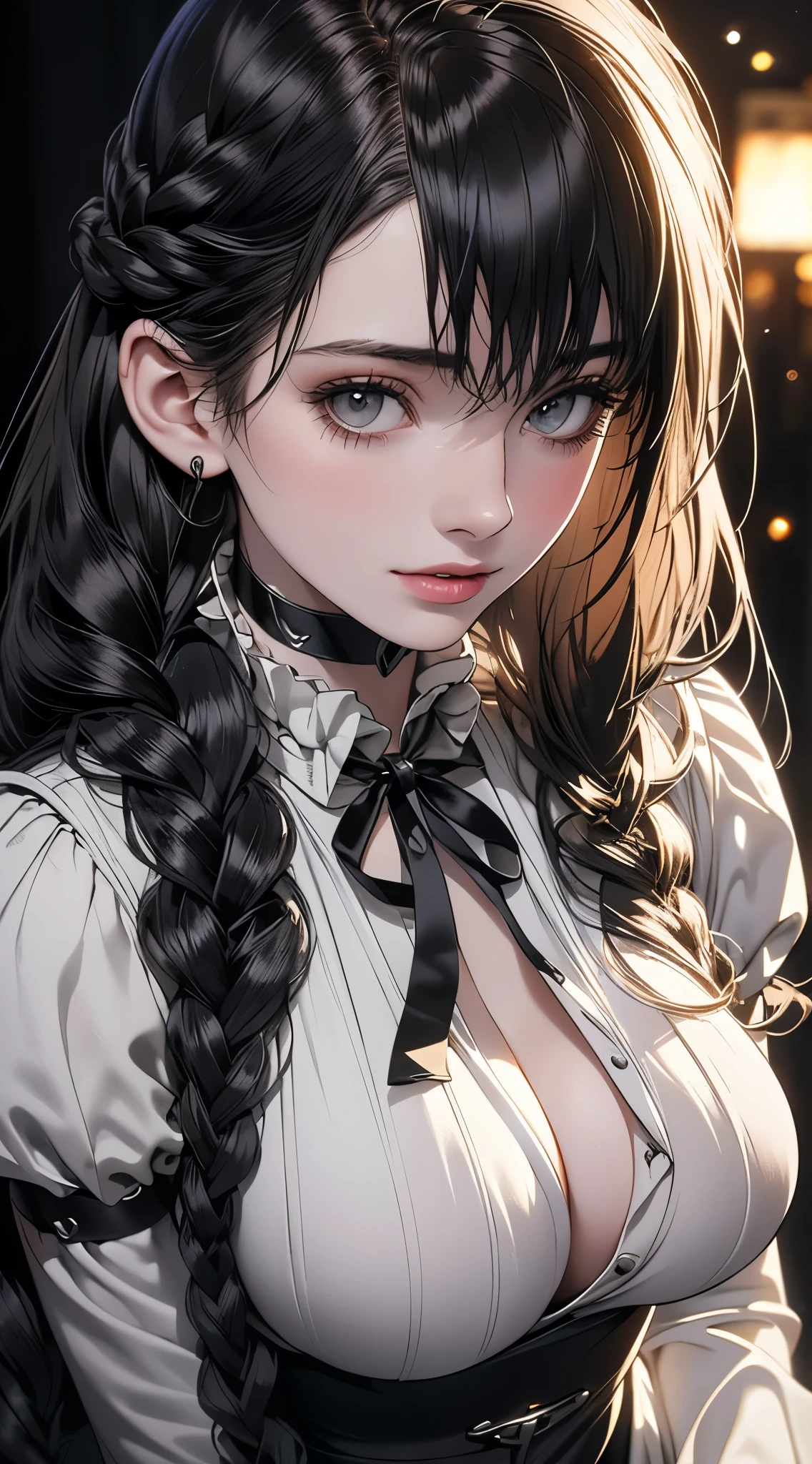 (RAW photo, best quality), ((Nostalgia,1I80s syle)),(A girl with a literary atmosphere:1.2),(realistic, photo-realistic:1.3), (((Huge Boobs:1.3))), (long wavy hair with braids), choker,very pale skin,Ultra Detailed Face, Detailed Lips, black lipstick, Fine Eyes, double eyelids, tight goth clothes, extremely delicate and beautiful, Amazing, finely detail, masterpiece, ultra-detailed, highres,best illustration, best shadow,intricate,depth of field,(closeup portrait of a young beautiful woman:1.2),long hair,messy hair,((((low key,dark scene,dimly lit)))),(((soft lighting:1.4))),(pale skin:1.4),(shy smile),(cinematic angle),sharp focus, volumetric fog, 8k UHD, DSLR, high quality,( film grain:1.4), Fujifilm XT3,(looking at viewer), pale skin, ((closeup portrait))