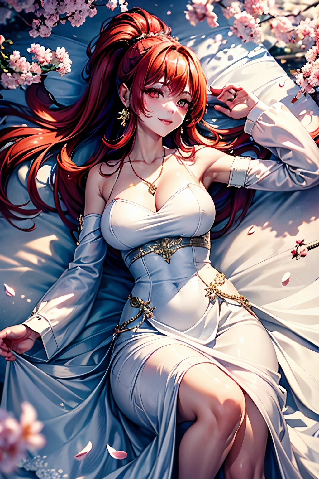 1 Women, 28 years old, jewelry, triangle earring, dog tags, red hair, ponytail, red eyes with slit pupils, master-piece, best quality, proportional body, proportional, Wedding Dresses, White Wedding Dress, Long skirt, wedding, Under the cherry blossom tree background, Cherry blossom petals are falling, lying down, outdoor, wedding, Upper body, The sky is beautiful, Both hands hold a bouquet of flowers, (light_Smile:1.2),