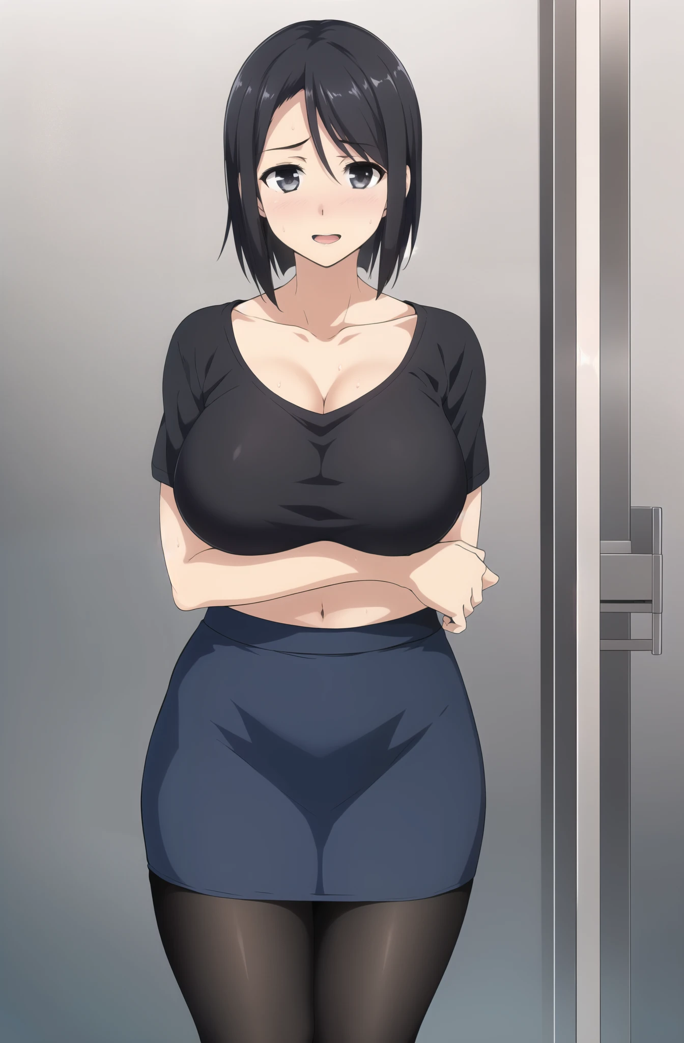 in a bathroom, 1girl, solo, looking at viewer, shameful expression, blush, happy, blushful, short hair, parted bangs, huge breasts, black shirt outside white shirt inside, loose shirt, pantyhose, black hair, collarbone, blue skirt, standing, sweatdrop, detailed black eyes, black shirt, opened mouth, curvy, sexy, official art, extremely detailed CG unity 8k wallpaper, Colorful, (masterpiece:1.0), (best_quality:1.0), ultra high res, 4K, ultra-detailed,
