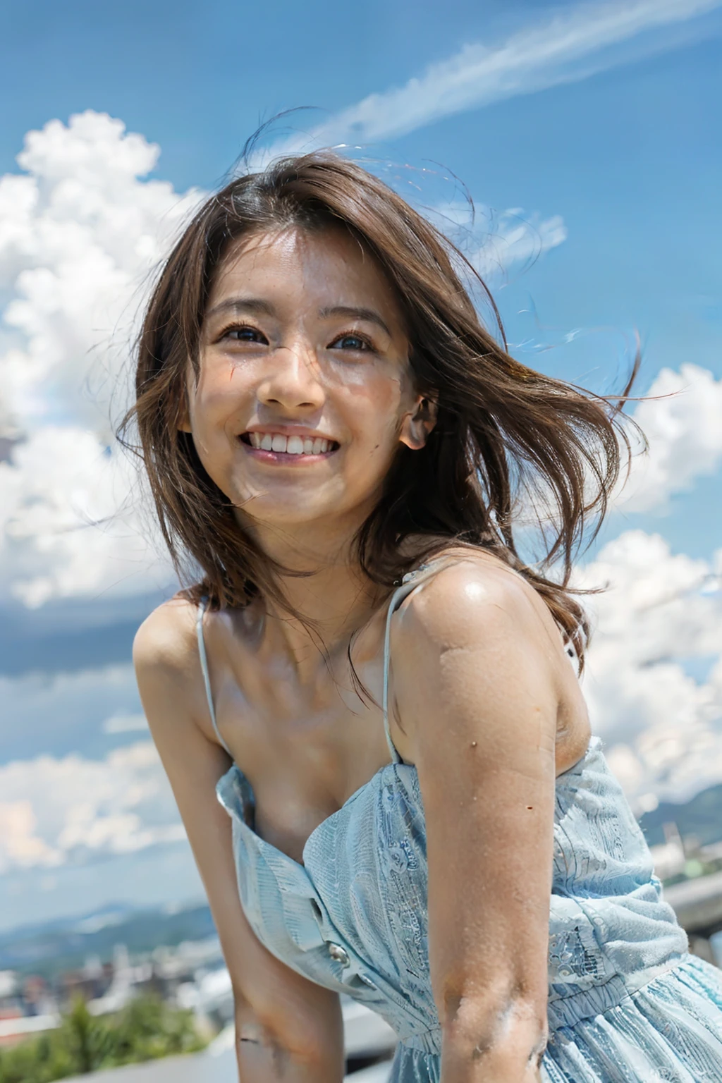 Photorealistic, CinemaScope, FilmSteel, a japanese girl, feminin pose, Cute dress, smiling, messy hair, fine sky, Realism, bumps on the skin