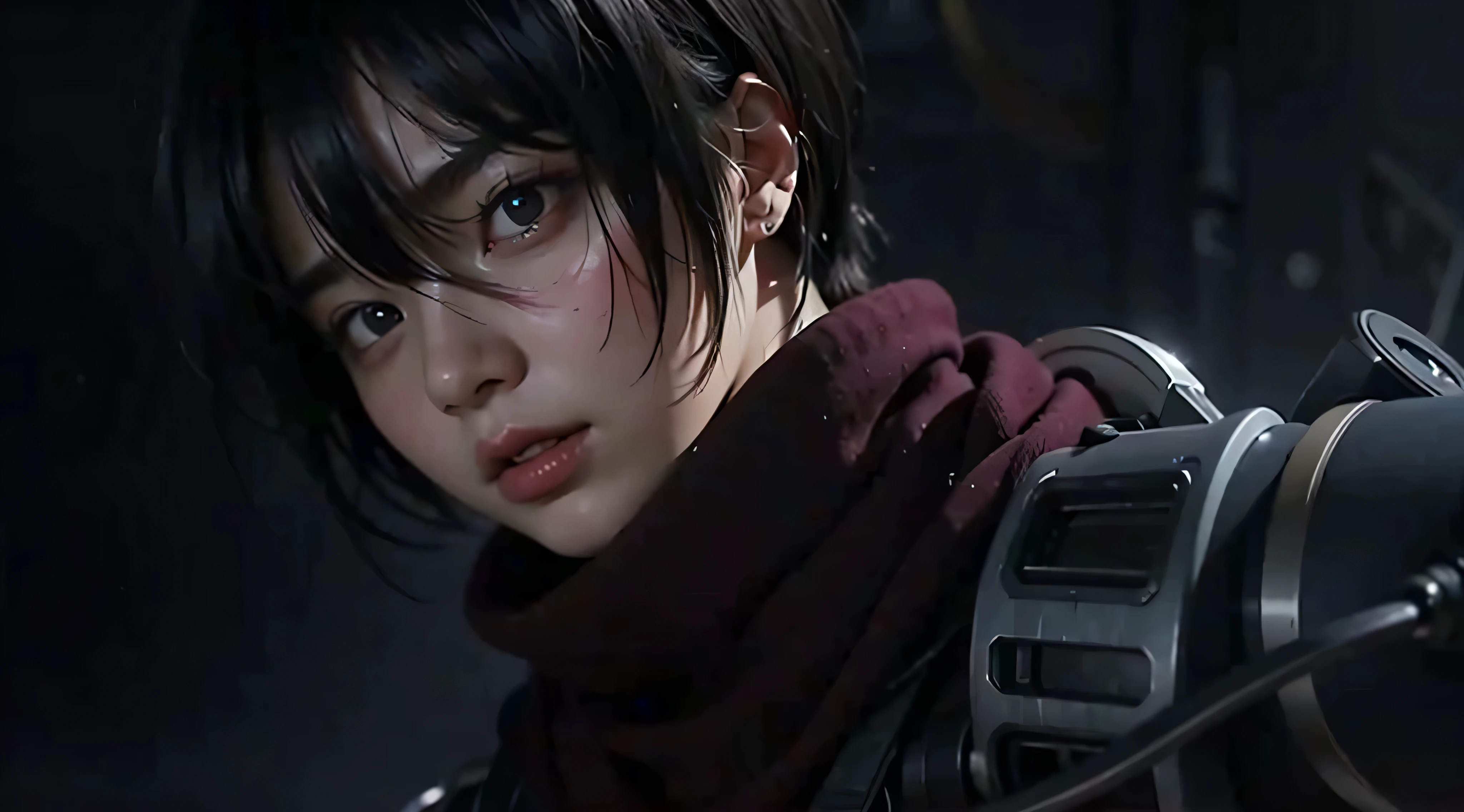 short hair、red muffler:1.3、Scars on the cheeks、detailed hair、look of despair、19 years old、female:1.2、black hair、movie writing、Special equipment、gray eyes、(best quality, 8K, 32K, muste piece, ticker:1.2)