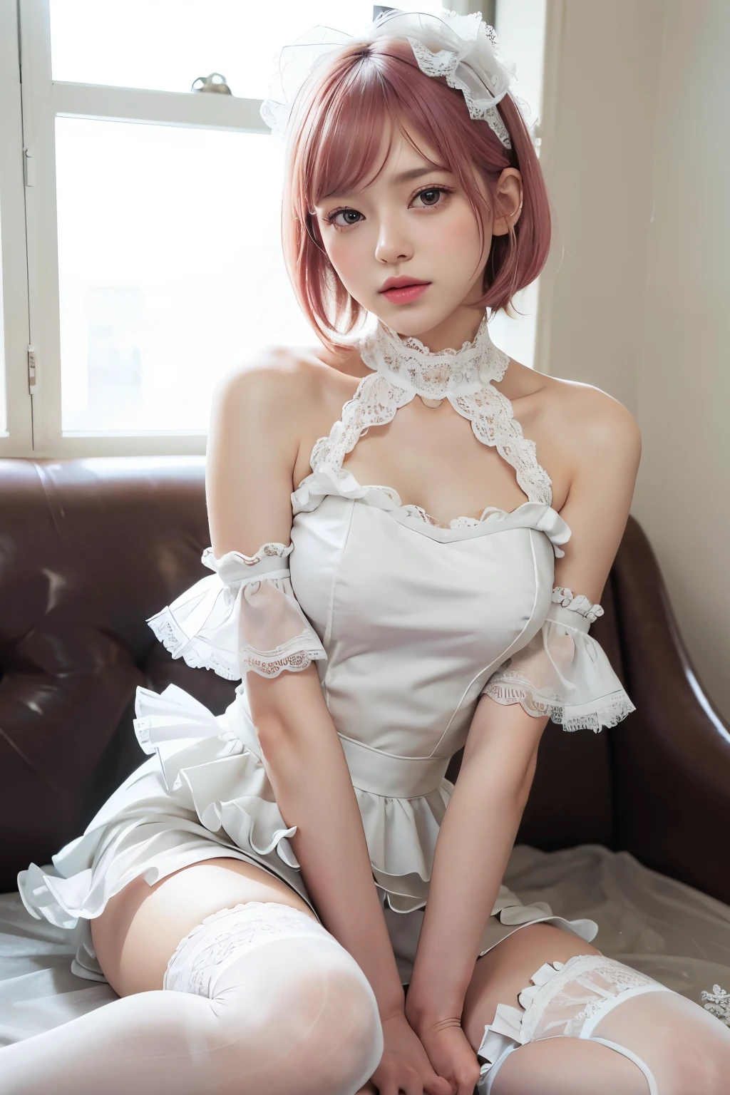 (masterpiece:1.2, Highest quality), (Realistic, photoRealistic:1.4), Beautiful illustrations, (Natural Side Lighting, Cinema Lighting), Browsing Caution,
View Viewer, (Bust up shot)、Front view:0.8, 1 girl, Japanese, high school girl, Perfect Face, Cute and symmetrical face, Shiny skin、
(Semi-short cut hair, Side Lock, Light pink hair), Parted bangs, Emerald green eyes, Long Eyelashes, (Big Breasts:0.8),
Beautiful Hair, Beautiful Face, Beautiful fine details, Beautiful clavicle, Beautiful body, Beautiful breasts, Beautiful fingers, Beautiful nipples、Beautiful armpits、Beautiful, perfectly aligned teeth、
((A cat suit with attention to detail、(Pastel red floral lace panties、Lace mini maid apron、Black garter stockings)、Shyness、(Spread your legs:1.1)、(Open your mouth:1.3)、Red bow tie、Earrings、(topless:1.6)))、
((The background is night、moonlight、Hongkong、garden、firework、Summer festival))、 (Troubled face、Upward glance), (The skin is moist and wet:1.2)、(Semen is on it:1.6)、(Licking your fingers:1.2)