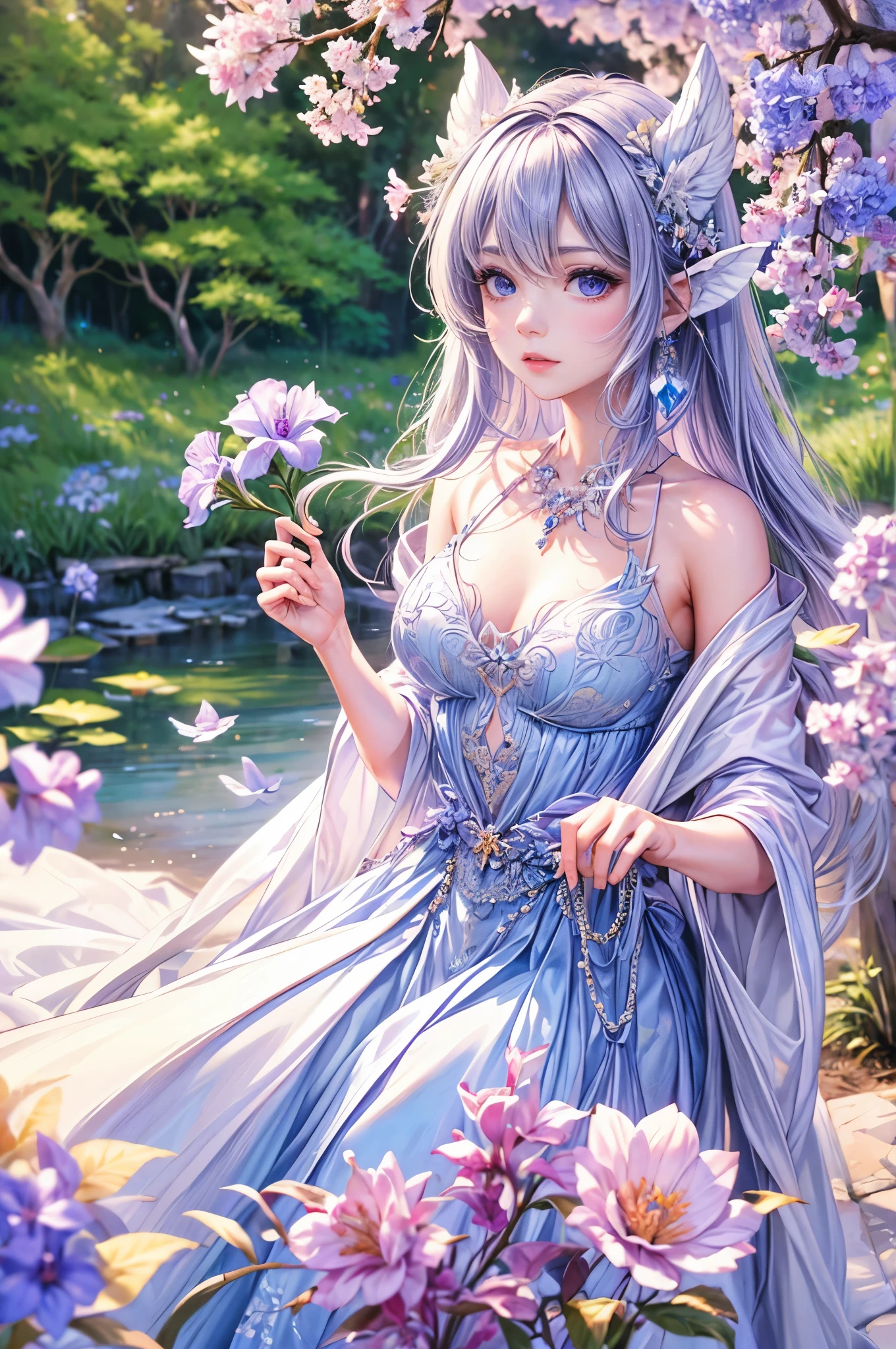 (best quality,4k,highres,masterpiece:1.2),ultra-detailed,realistic,hair:long white,eyes:purple,personification,unicorn,girl,beautiful detailed eyes,detailed lips,feminine,soft expression,fair skin,purple irises,horn,flowing mane,angelic appearance,ethereal,white dress,sparkling crystals,enchanting garden scene,lush greenery,colorful flowers,sunlight filtering through trees,soft bokeh effect,majestic presence,magical atmosphere