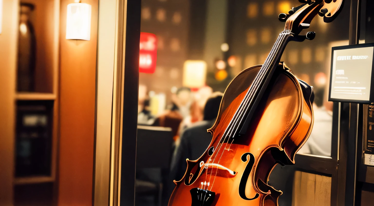 cello, night, unmanned, jazz bar, unmanned, high res, ultrasharp, 8k, masterpiece