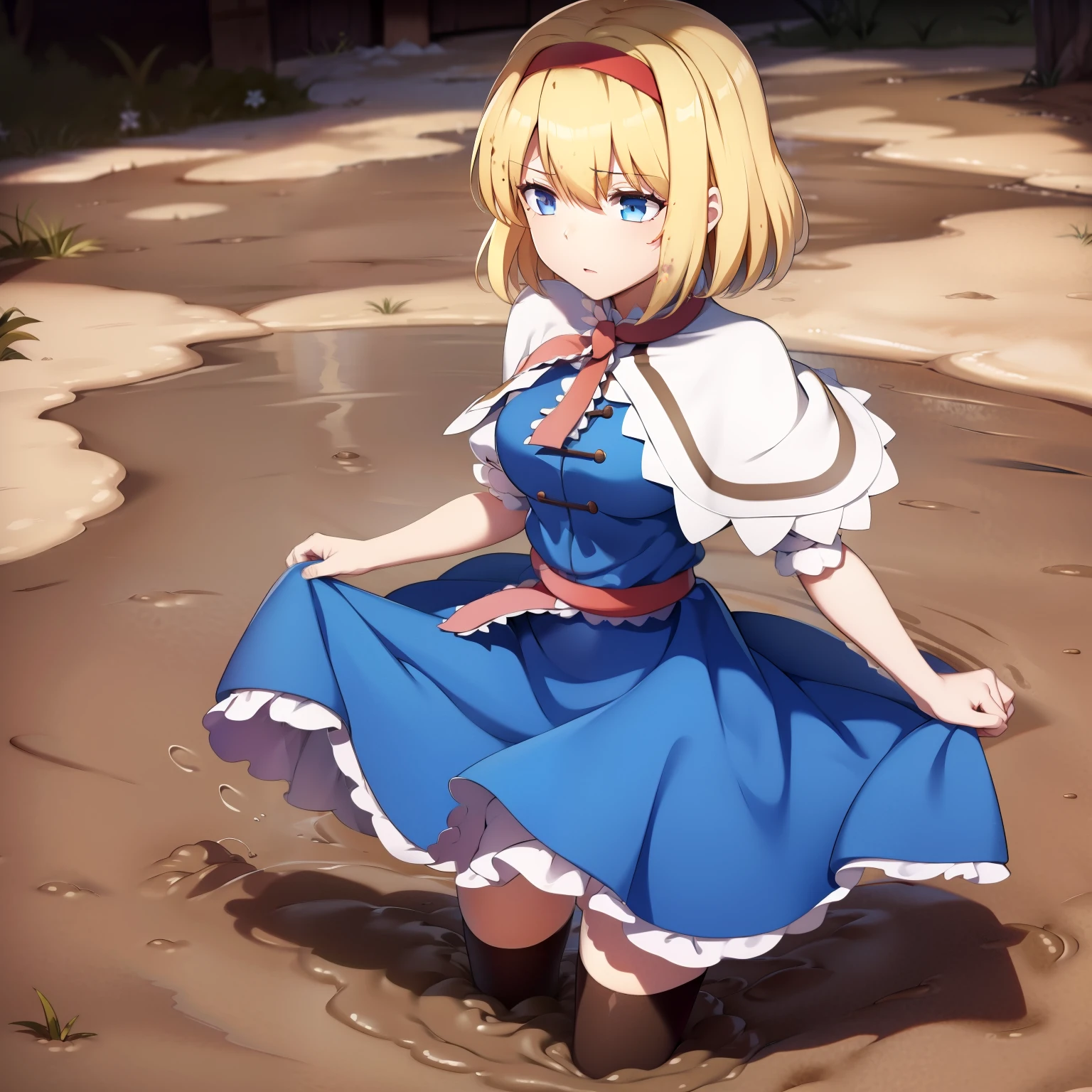 touhou,(alice margatroid:1.4),1girl,solo,blonde hair, blue eyes, capelet,dress,sash, bow, hair bow, short hair, blue dress,(muddy white kneehighs:1.4),loafers,(muddy clothes:1.4),(brown clothes:1.4), on mud, brown background, mud ground, standing,(anime:1.4)