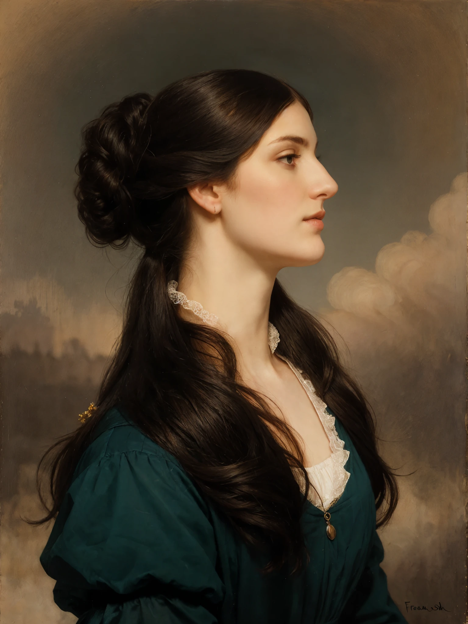 Art by Franz Xaver Winterhalter, side profile of a noblewoman with black hair