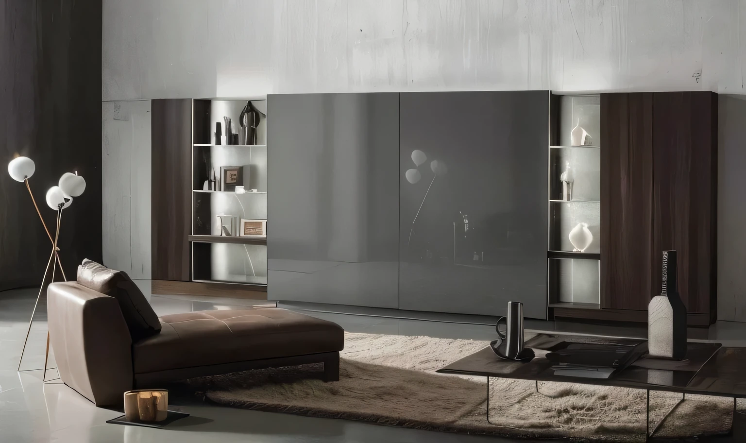Close-up of living room with sofa and table, minimally modern, modern gallery furniture, lacquered glasurniture, Dark slate gray wall, elegant minimalism, smooth surface, inspiration来自乔瓦尼·弗朗切斯科·巴比耶里, Modern and , contemporary, cabinet furniture, furniture concept photo!!, Modern and 设计, inspiration, television, italian masterpiece