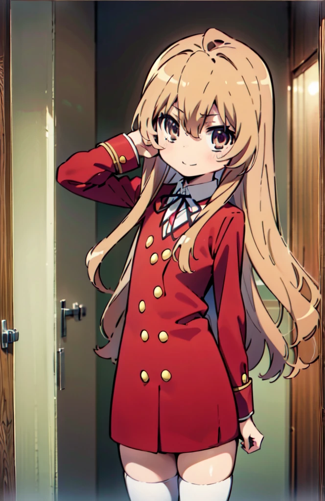 masterpiece,confused,最high quality,high quality,1 girl,Aisaka Taiga,Red long coat，white mini skirt,Brown Short Boots,Thighhighs,return,I&#39;ll turn around,close ~ eye，open your mouth，smile,In town，(flat chest:1.1) ),