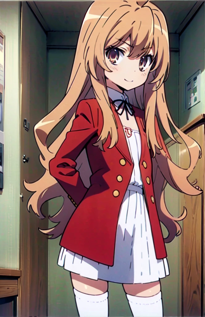 masterpiece,confused,最high quality,high quality,1 girl,Aisaka Taiga,Red long coat，white mini skirt,Brown Short Boots,Thighhighs,return,I&#39;ll turn around,close ~ eye，open your mouth，smile,In town，(flat chest:1.1) ),