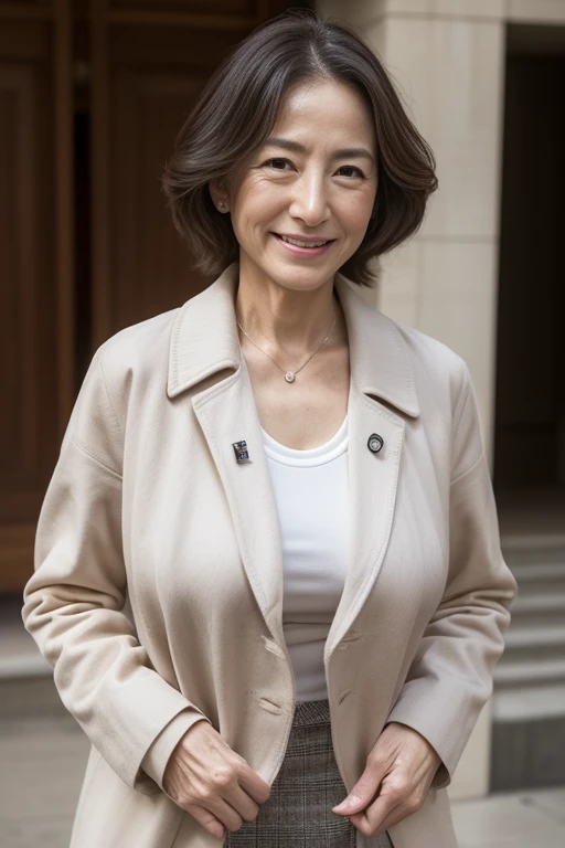 best quality, High resolution, Hires, skin definition, detailed skin, detailed eyes, detailed face, 4K, 日本人mature woman, ((solo)), (((90 years old))), (wrinkles at the corners of the eyes:1.7), (nasolabial folds:1.5), mature woman, sex appeal, sexy, fair skin, ((wavy long hair)), Looking at Viewer,(((my skin is old))), ((muscles are old)), (((Very large breasts:1.28))), ((loose breasts)), (flaccid butt), ((japanese model)), 4K, (photoReality:1.5), Reality, ticker, Beautiful, Bimbo, Perfect makeup, eye make up:1.9, small diamond necklace, earrings, {((Brown duffel coat)), ((white undershirt)), (Argyle pattern pleated skirt), (black long boots )}, smile, Public place,full body photo,