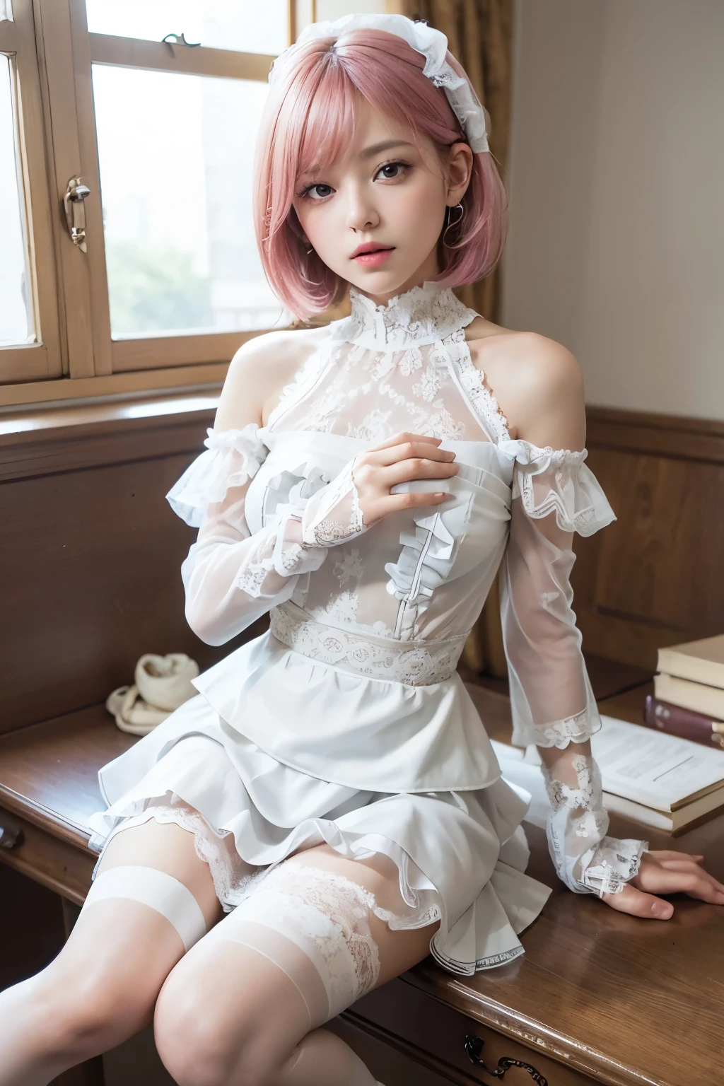 (8K, top-quality, masterpiece:1,2), (reallistic, Photorealsitic:1.37), Super Detail, One girl,), (Highly detailed), (beautifully detailed eyes), (of the highest quality), (super detailed ), (masterpiece), (Detailed face),20yr old, ,1 girl, full body, pink hair;1.2, Very short hair, medium breasts, clothed, Perfect Lighting, pussy and breast focus, looking at viewer, aroused face, naughty face, (cute classic dress:1.3), (fusion of white High neck blouse and white classic dress:1.4), ((bare shoulders, no Sleeve):1.3), (white ribbon bow:1.3), (bare arms:1.4), ((lace and tulle Layered skirt with ruffles, crinoline):1.3), (white stockings with floral-lace:1.3), (sheer white lace evening gloves:1.2), (white high heels:1.1)