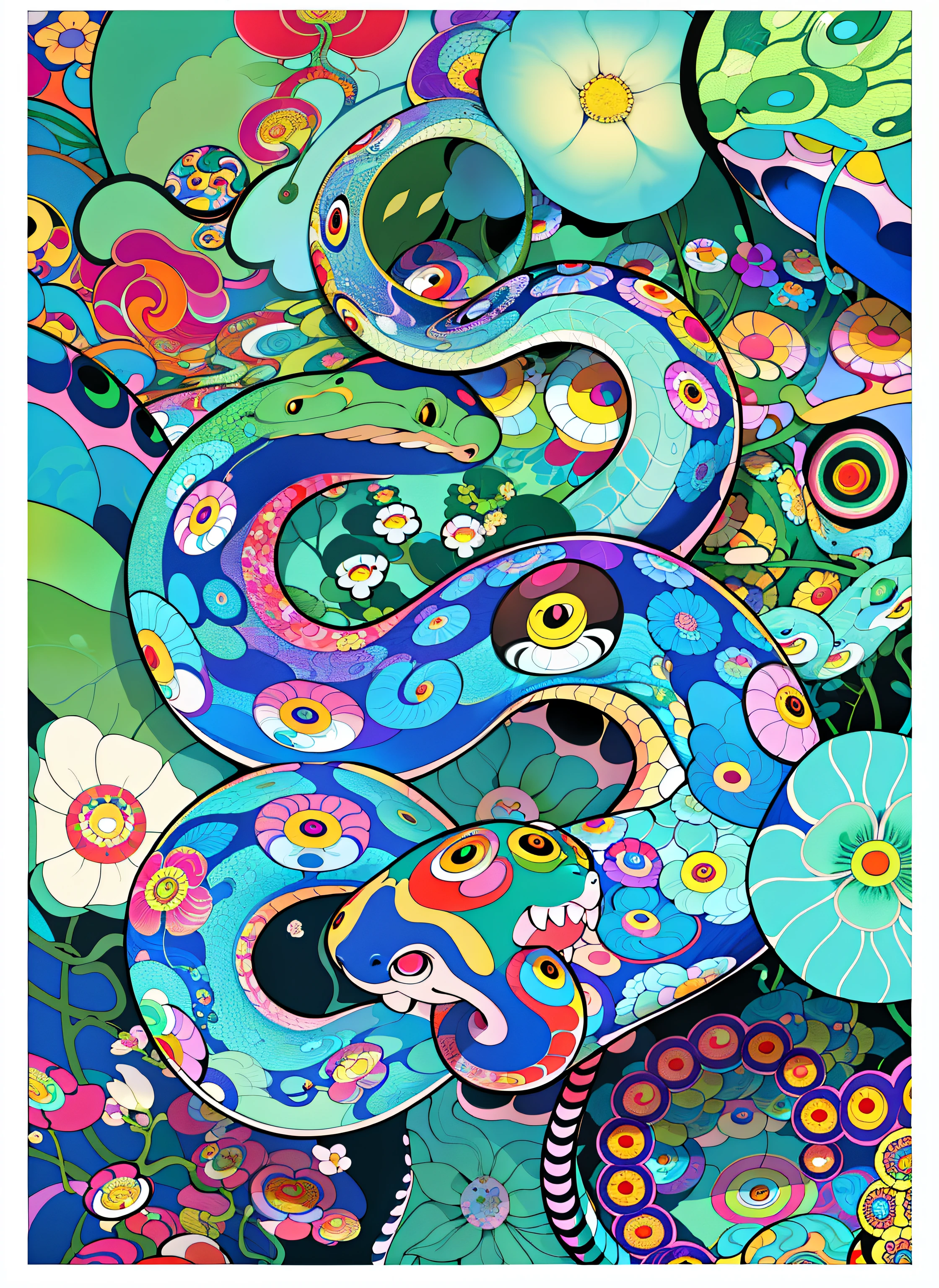 Close-up of a snake with many flowers, Inspired by Haruki Murakami, Surreal psychedelic design, Psychedelic illustration, Detailed digital illustrations, Whimsical and psychedelic, Chuanghui Illustrations, Official illustration, Colorful illustrations, adobe illustration art, Full color digital illustration, Stylized digital illustration, Inspired by Takashi Murakami, Inspired by Takashi Murakami
