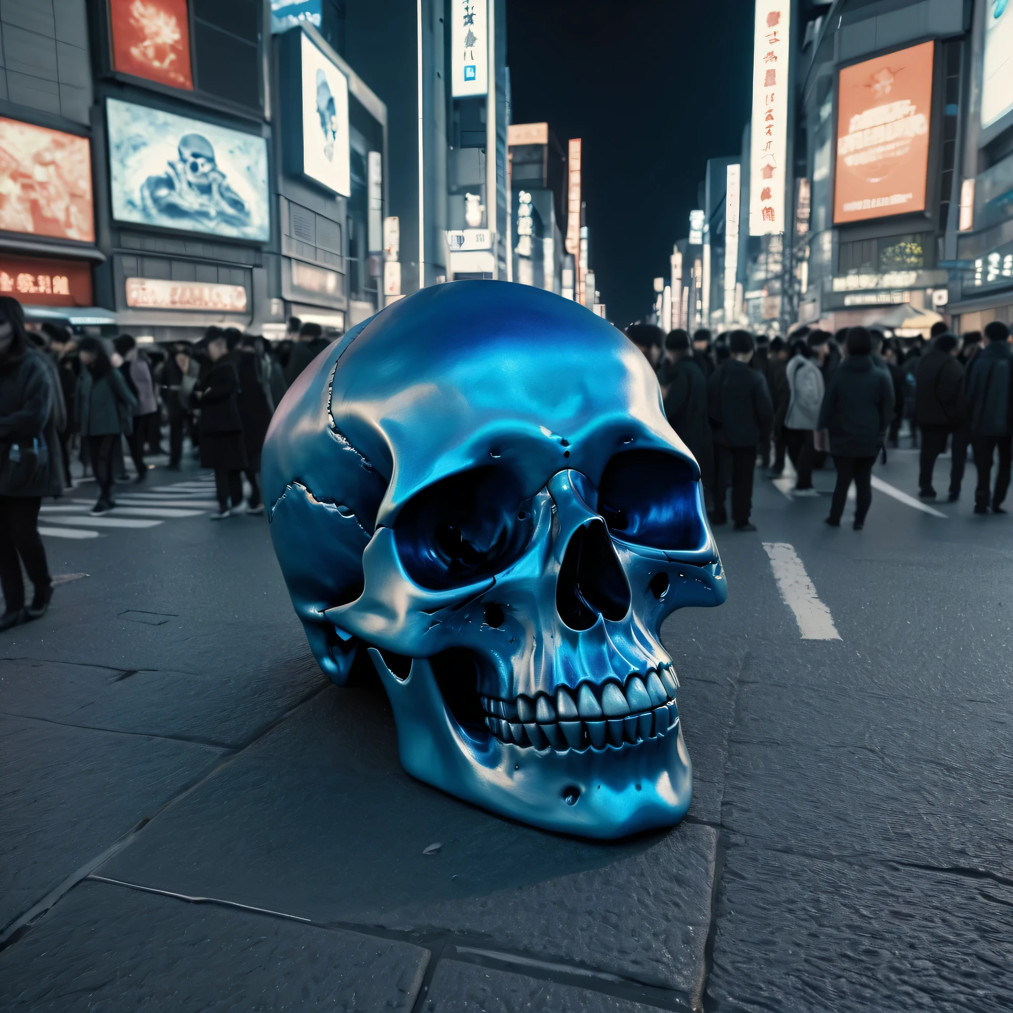 (best quality,8k,highres,masterpiece:1.2),ultra-detailed,creepily realistic blue metallic skull,exquisitely crafted corpse,lying on Shibuya Scramble Crossing,spooky theme,set up for a horror festival on a full moon night