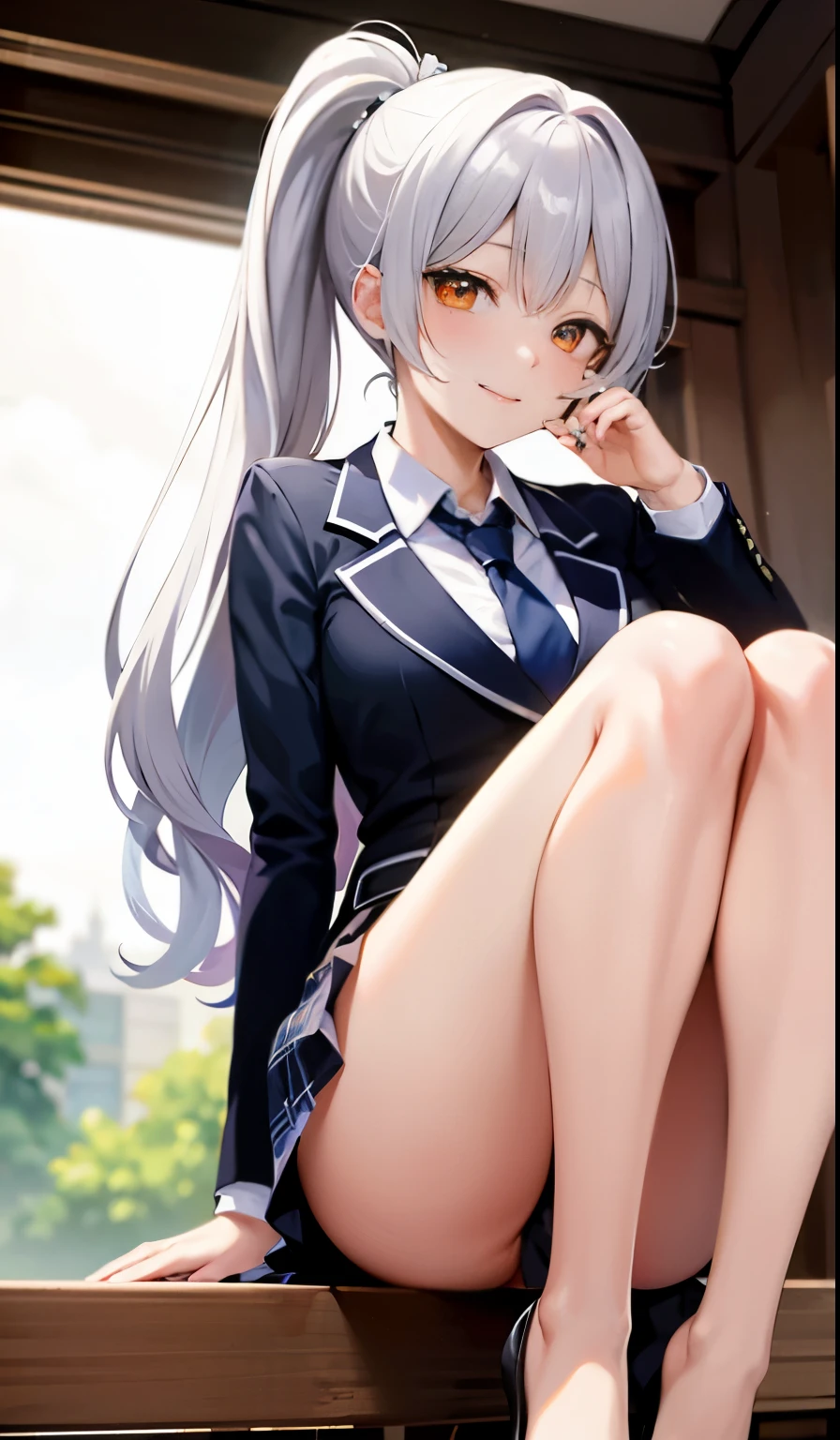 masterpiece:1.3、ultra high resolution:1.3、Beautiful woman、alone、G cup、ponytail、two tone hair、beautiful silver hair、sexual excitement、erotic、blush、real moist skin、Stuffy、wet、cute、fashion、uniform、blazer、shirt、skirt、tie、Haori:1.3、outdoor、machine、summer、hand、feet、shoes