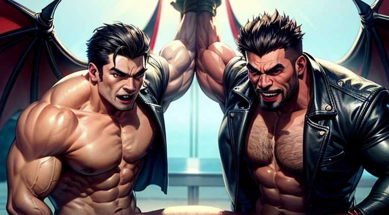 Hyper-realistic, 4k resolution, male focus, matured males, muscular bodies, masculine forms, unclothed, raw emotion.

Two rugged men stand before each other, their toned bodies glistening in the sunlight. The first man, with thick stubble covering his strong jawline and a thick brow hovering above his piercing blue eyes, clenches his fists at his sides. The second man, equally as impressive, boasts a beefy build, broad shoulders, and a soft, tempting smile playing on his lips despite the intense gaze he returns. Both men sport a designed beard, creating an air of wildness around their faces.

They stand in