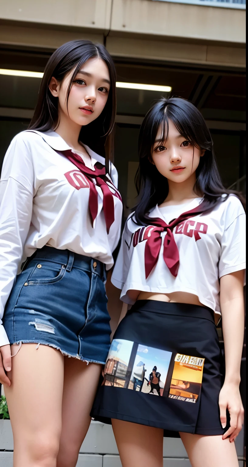 Supermodel、perfect details、high school girl、mini skirt、high school girlが3人で画面を見つめてくる 3 girls