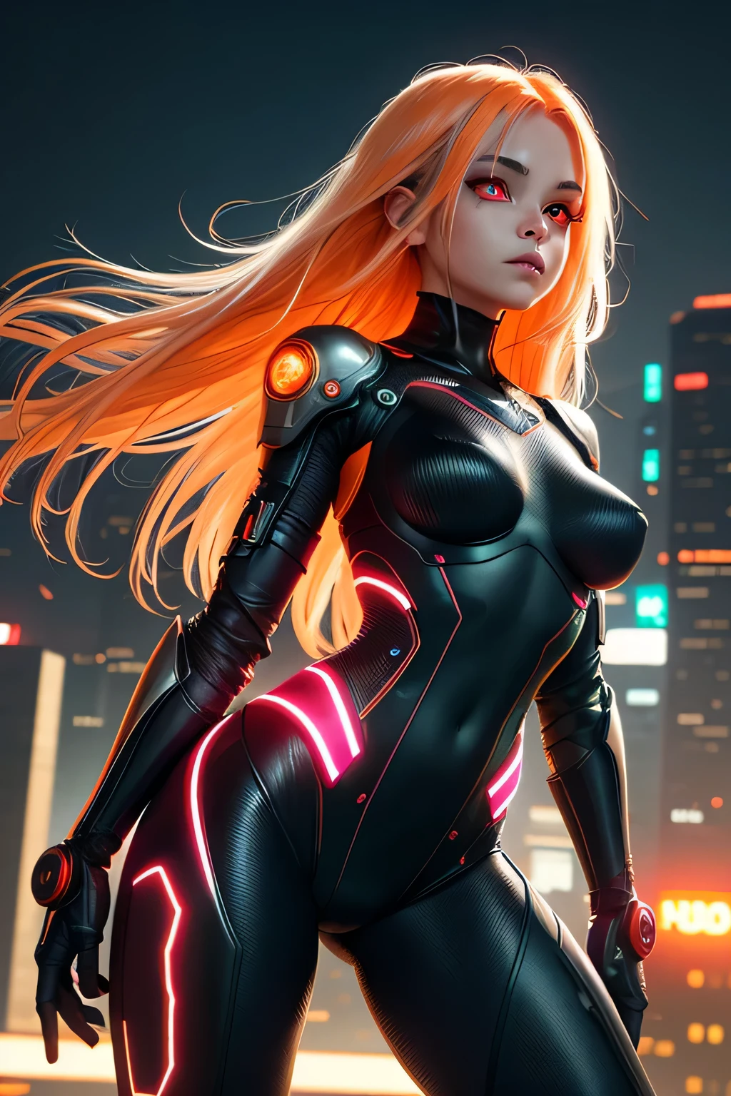 (sfw), intricate details, 1girl, night, (bright neon colorlying over futuristic cyberpunk city)), detailed background, (petite cyborg girl, ((cute perfect face, bright glowing red eyes)), (perfect anatomy, petite perky breasts), (absurdly long gradient orange and white hair, hair blowing in the wind)), detailed ribbed impossible bodysuit, shoulder armor, cybernetic limbs, dynamic angle,