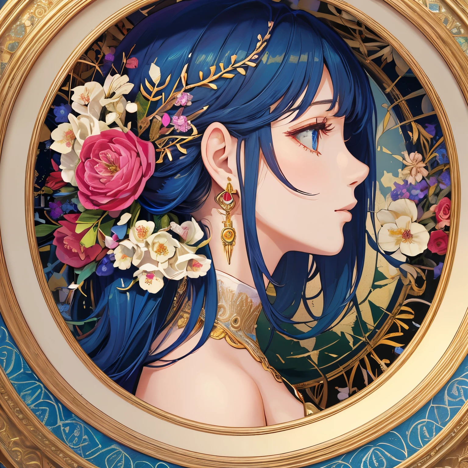 1 lady、(masterpiece、highest quality、highest quality、beautiful and aesthetic:1.2)、(fractal art:1.3)、round picture frame、rainbow colored hair、Shining jewelry hair ornament、petal、Detailed flowers、detailed jewelry、Geometric pattern、Based on the concept of an elegant woman、complementary color, 逸脱のmasterpiece、profile、gorgeous