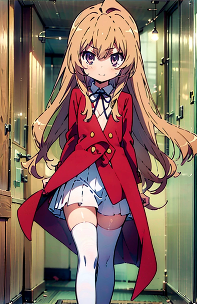 masterpiece,confused,最high quality,high quality,1 girl,Taiga Aisaka,Red long coat，white mini skirt,Brown Short Boots,Thighhighs,, eye，open your mouth，smile,In town，walking，(flat chest:1.1) ),