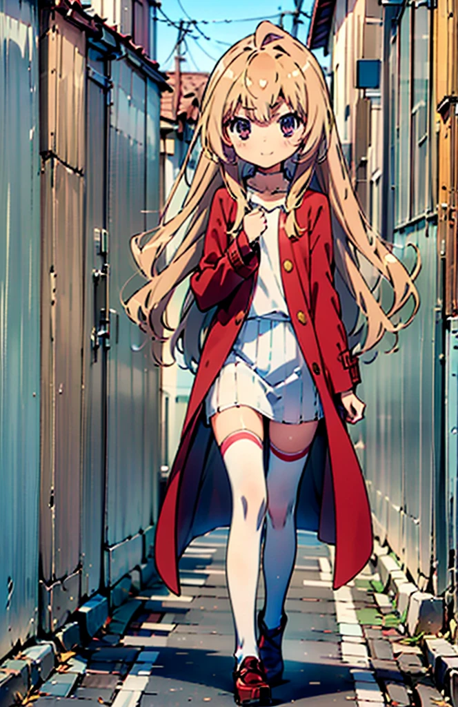 masterpiece,confused,最high quality,high quality,1 girl,Taiga Aisaka,Red long coat，white mini skirt,Brown Short Boots,Thighhighs,, eye，open your mouth，smile,In town，walking，(flat chest:1.1) ),