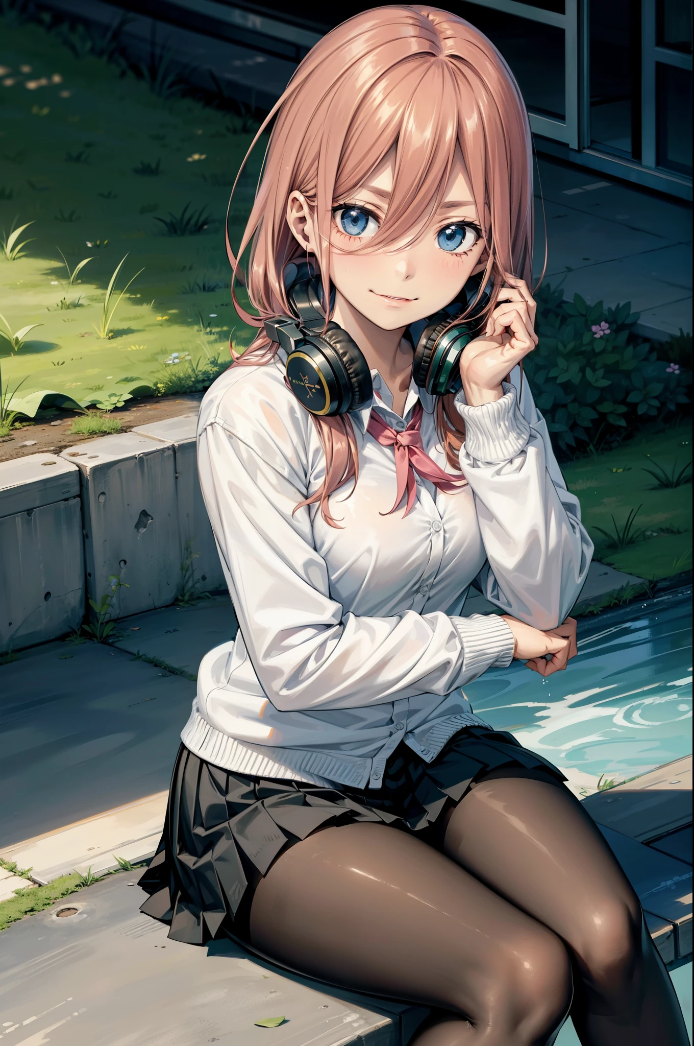 (masterpiece), best quality, expressive eyes, perfect face, highres, 1 girl, solo, miku nakano, long hair, bangs, blue eyes, brown hair, shirt, hair between eyes, headphones, cardigan, headphones around neck, skirt, shirt, long sleeves, white shirt, pantyhose, pleated skirt, black pantyhose, cardigan, green skirt, blue cardigan, outdoor, schoolyard, smiling, sitting on floor, portrait, looking at the viewer,
