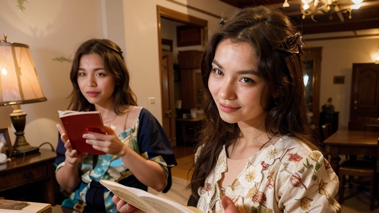 There are two beautiful women standing in a room with a knife, a village girl reading a book, a joyful look, Beautiful faces, beautiful young girls